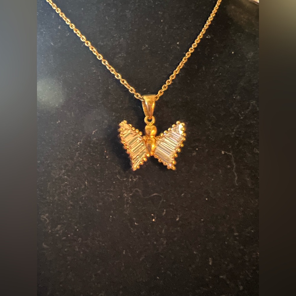 925 Sterling Silver Gold Plated CZ Butterfly Themed Pendant & 18” Necklace